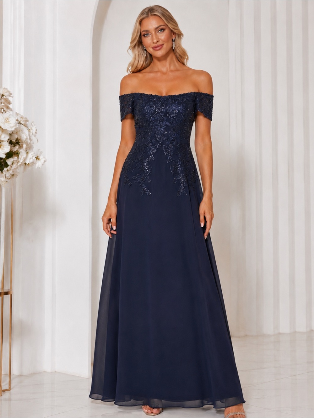 Navy Off Shoulder Chiffon Sequin Floral Appliqué Corset Formal Gown
